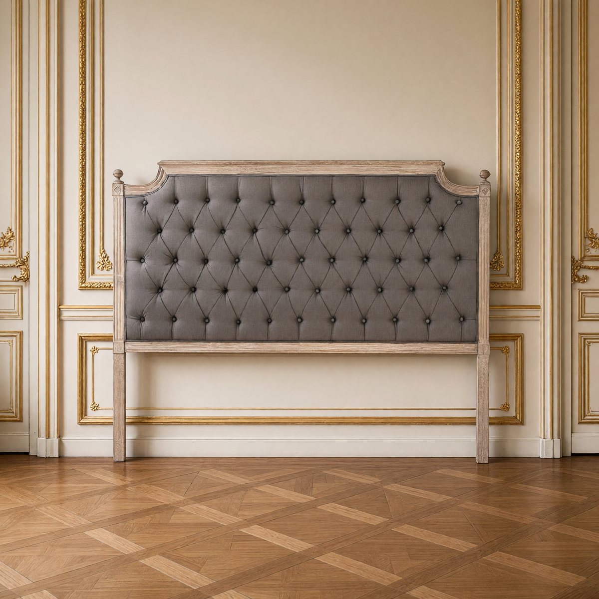 Beds collection, tufted linen headboard in a French bedroom