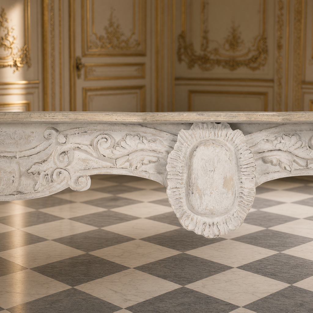 Detail of the carved oval cartouche on the Abraham console apron
