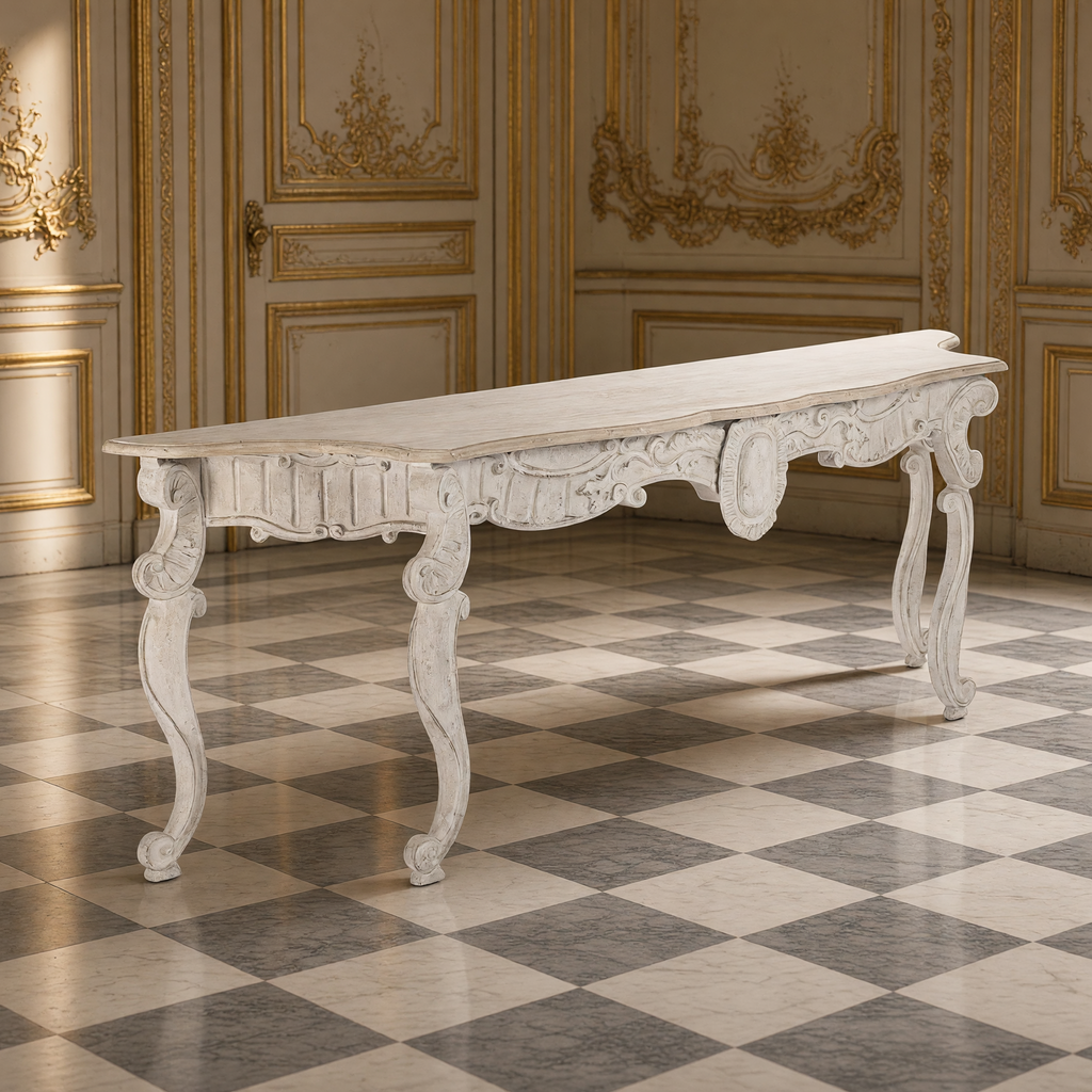 Abraham Rococo carved console table in distressed cream in a gilded boiserie salon on a marble checkerboard floor