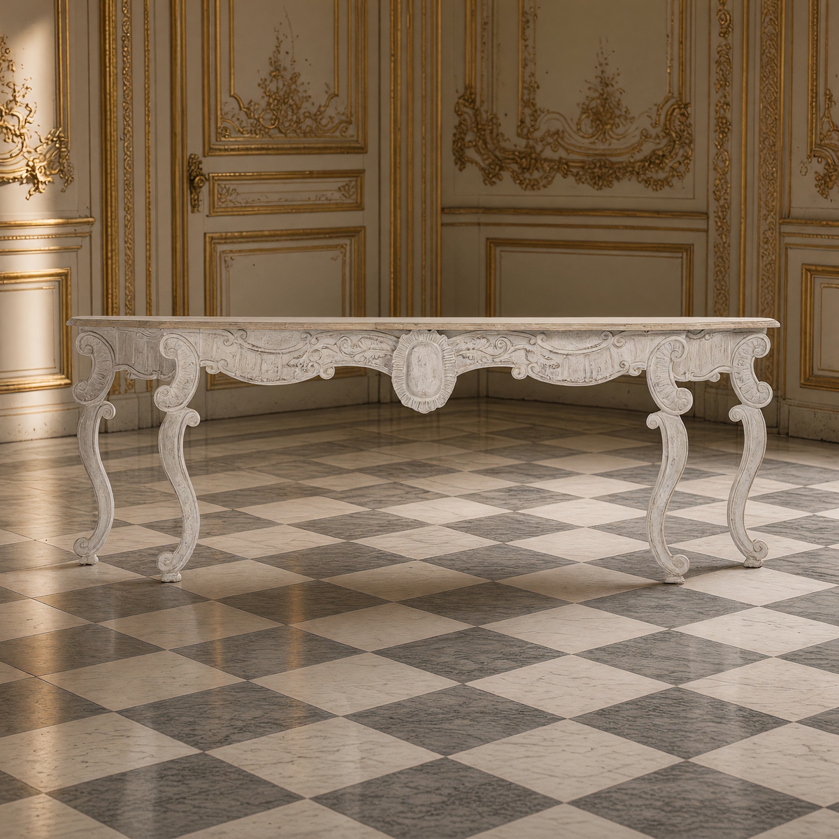 Front view of the Abraham carved console table