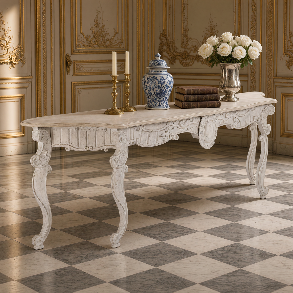 Abraham console table with gilded candlesticks, a ginger jar, books and white roses