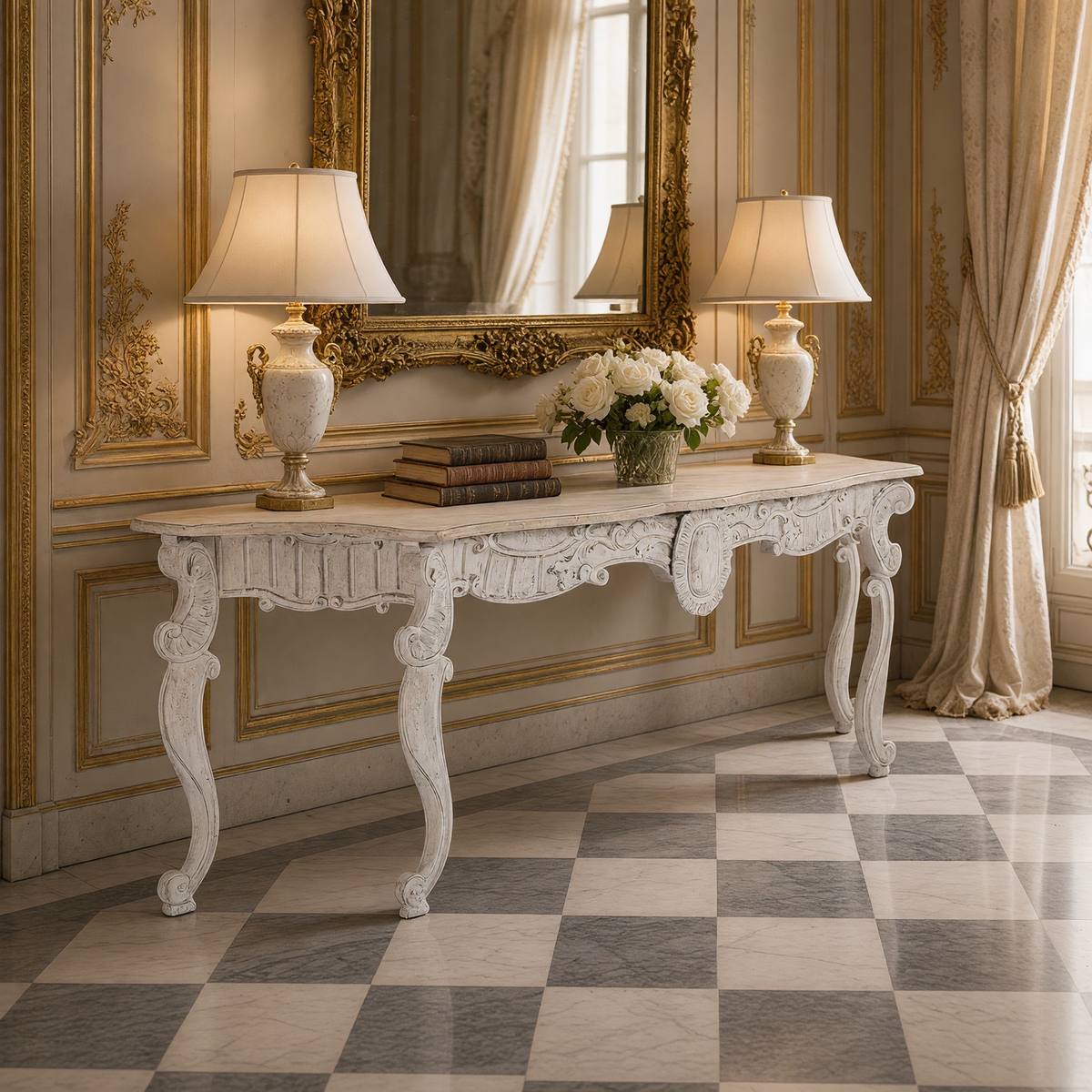 Abraham console table styled with urn lamps and a gilded mirror