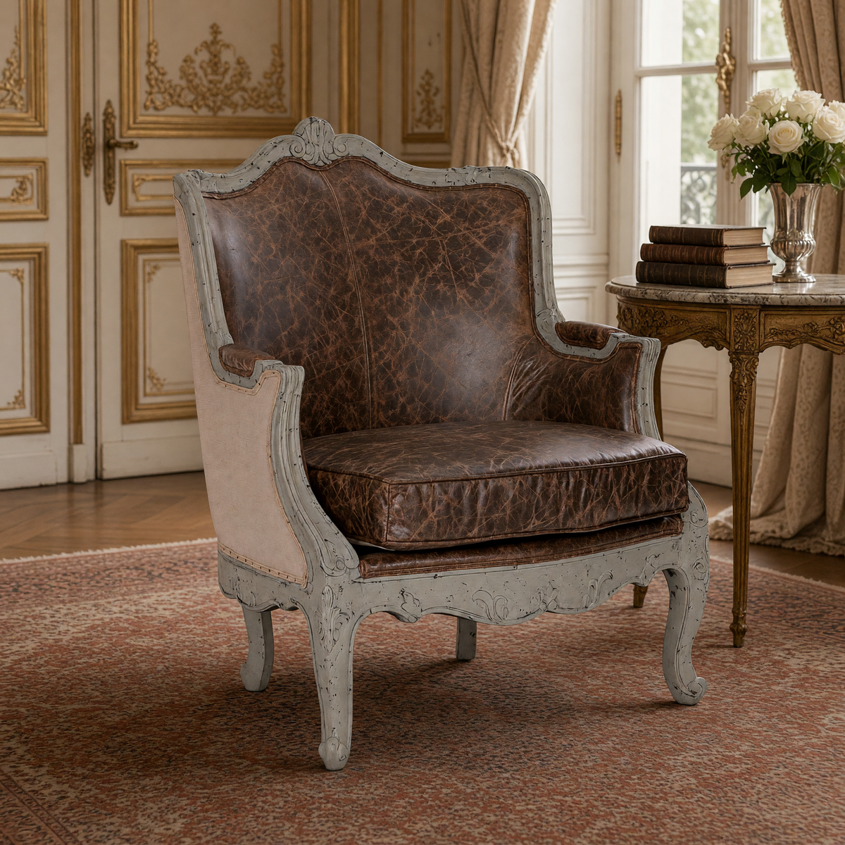Adele French Carved Birch Leather Club Chair, styled close view of the leather seat cushion and carved birch arm