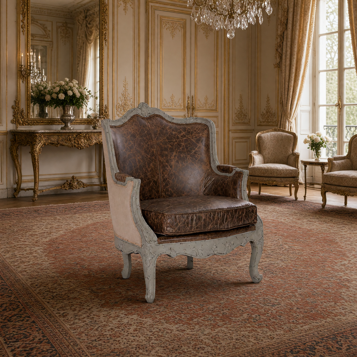 Adele French Carved Birch Leather Club Chair, styled in a Louis XVI library on an antique Persian carpet