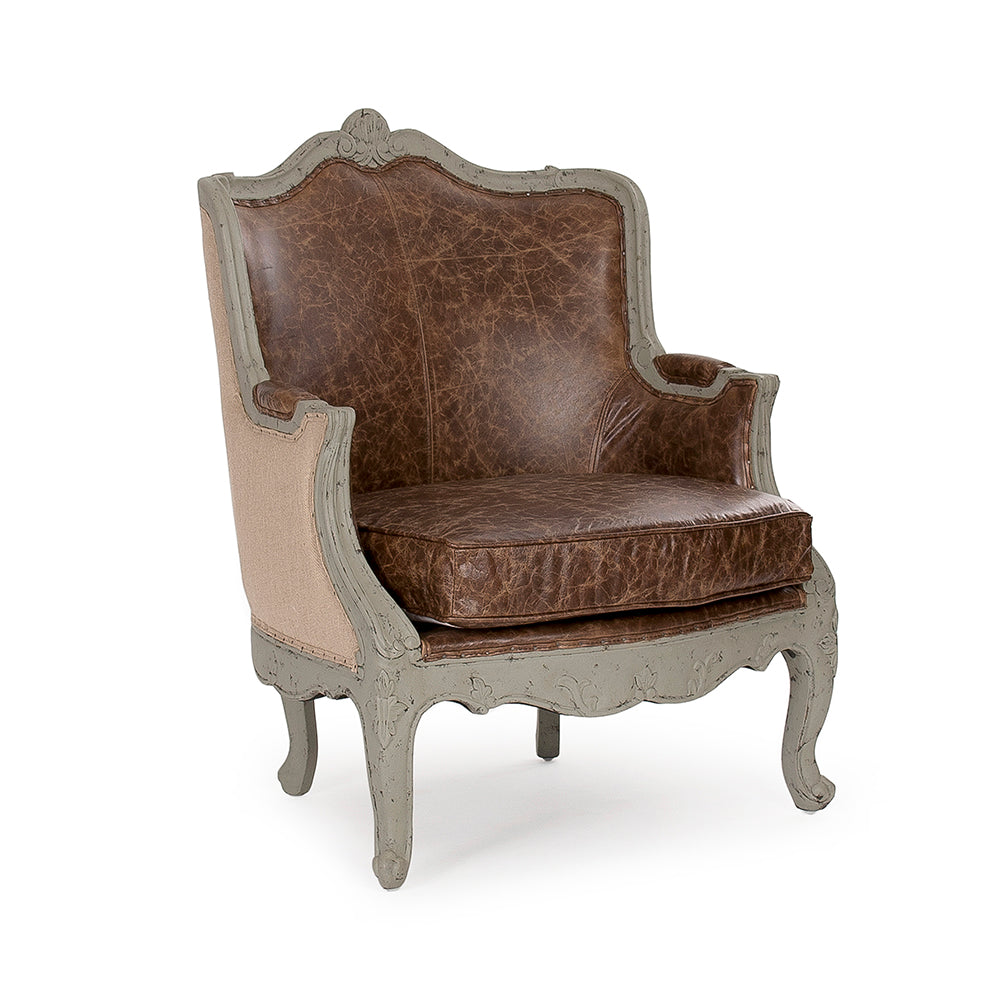 Adele French Carved Birch Leather Club Chair in Top-Grain Leather and Burlap, studio photo 1 of 2 on a white background