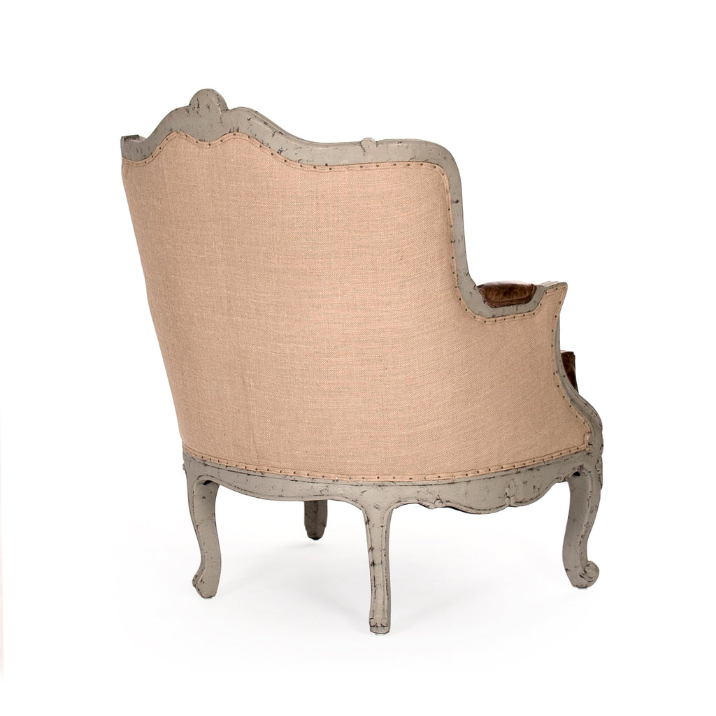 Adele French Carved Birch Leather Club Chair in Top-Grain Leather and Burlap, studio photo 2 of 2 on a white background