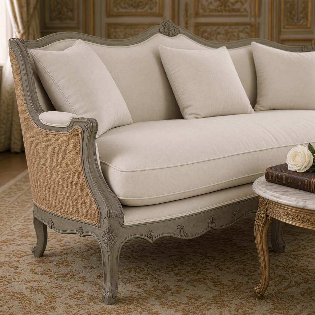 Close view of the burlap outside arm, carved olive green frame and cotton seat cushion of the Adele Carved French Cotton Sofa with Burlap Back