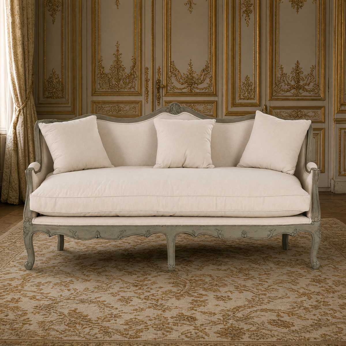 Front view of the Adele Carved French Cotton Sofa with Burlap Back in a French boiserie salon