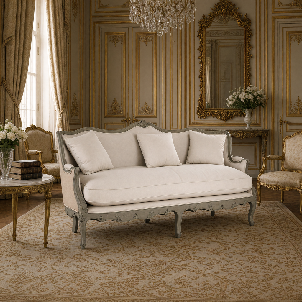 Adele Carved French Cotton Sofa with Burlap Back styled in a Louis XVI salon with gilded bergere chairs, a gilded mirror and white roses