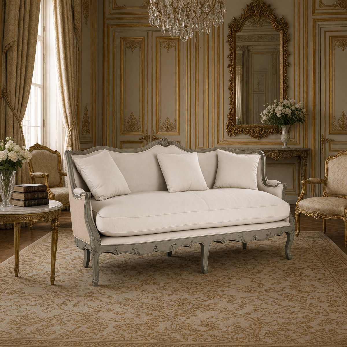 Adele Carved French Cotton Sofa with Burlap Back styled in a Louis XVI salon with gilded bergere chairs, a gilded mirror and white roses