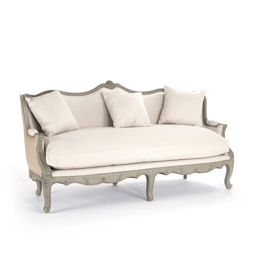 Adele Carved French Cotton Sofa in Burlap Back, studio photo 1 of 3 on a white background