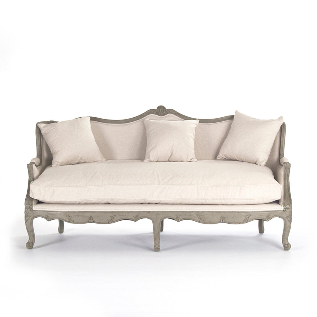 Adele Carved French Cotton Sofa in Burlap Back, studio photo 2 of 3 on a white background