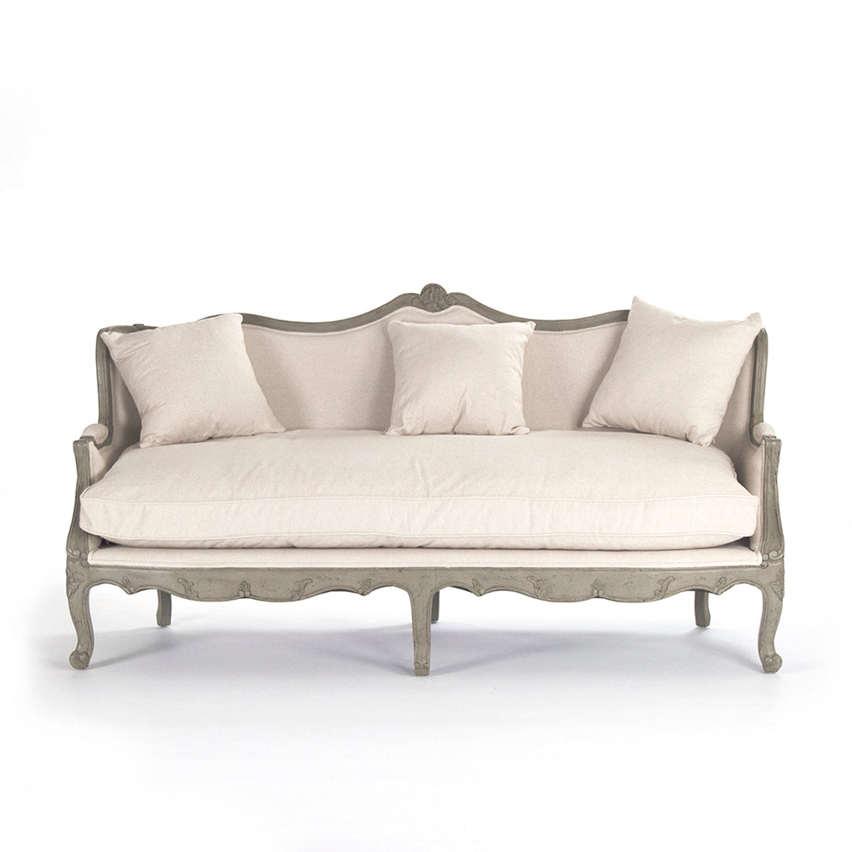 Adele Carved French Cotton Sofa in Burlap Back, studio photo 2 of 3 on a white background