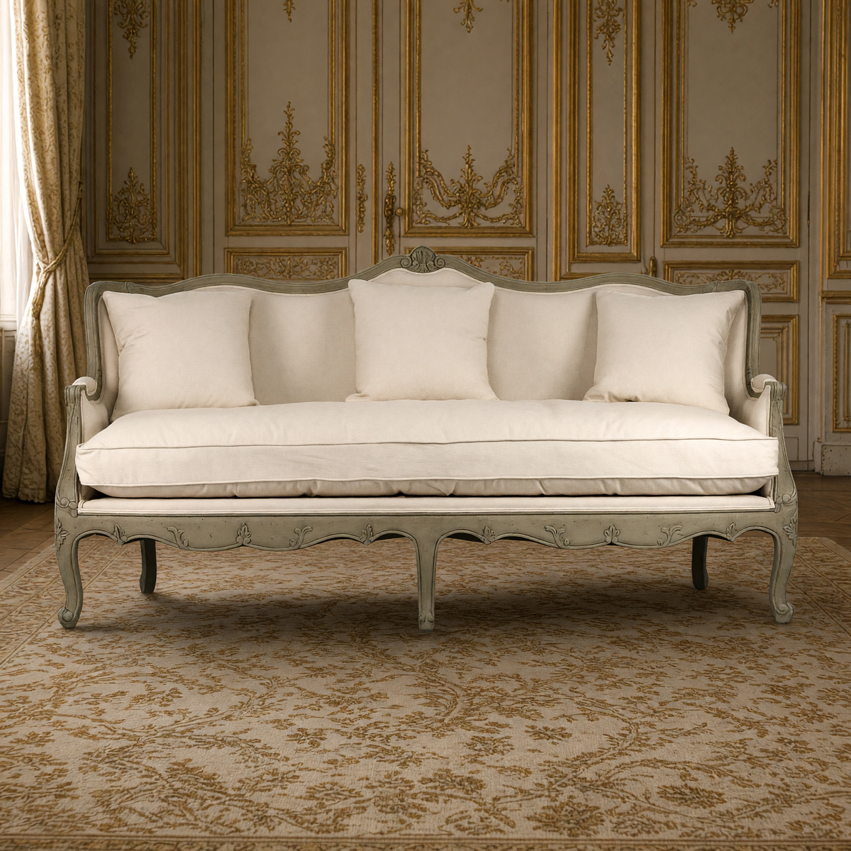 Front view of the Adele Carved French Cotton Sofa in a French boiserie salon