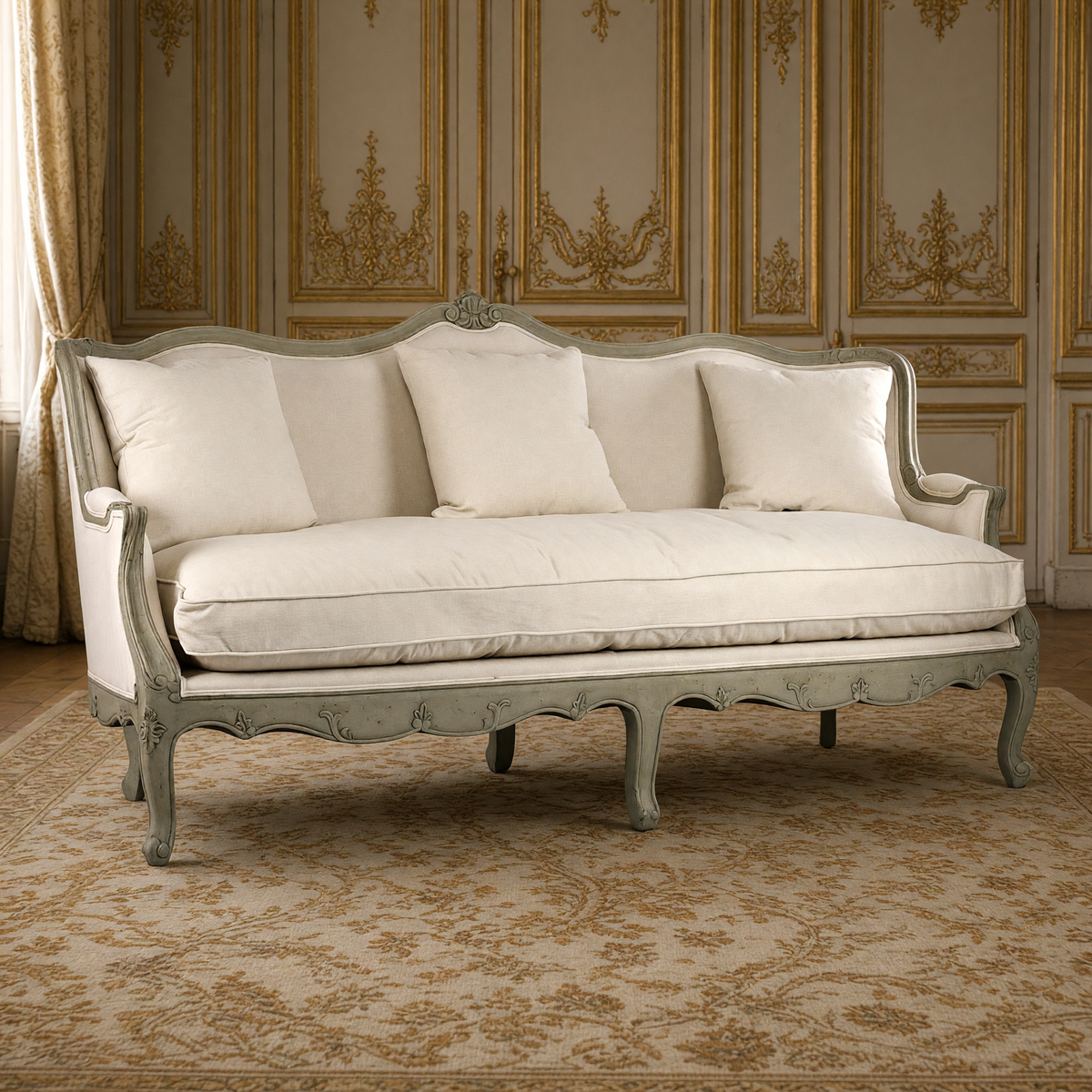 Adele Carved French Cotton Sofa in off-white cotton with an antique olive green carved frame in a greige and gold French boiserie salon
