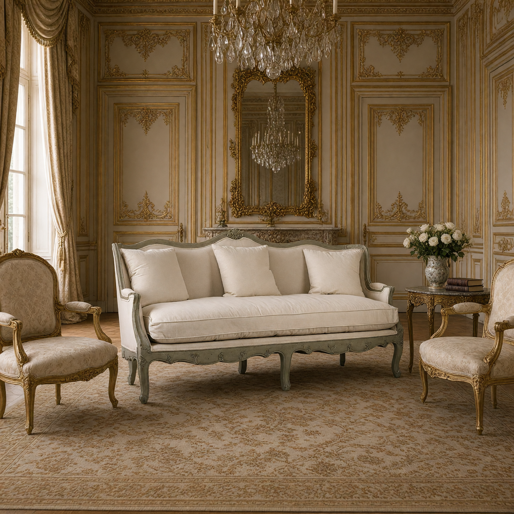 Adele Carved French Cotton Sofa styled in a Louis XVI salon with gilded bergere chairs, a gilded mirror and white roses