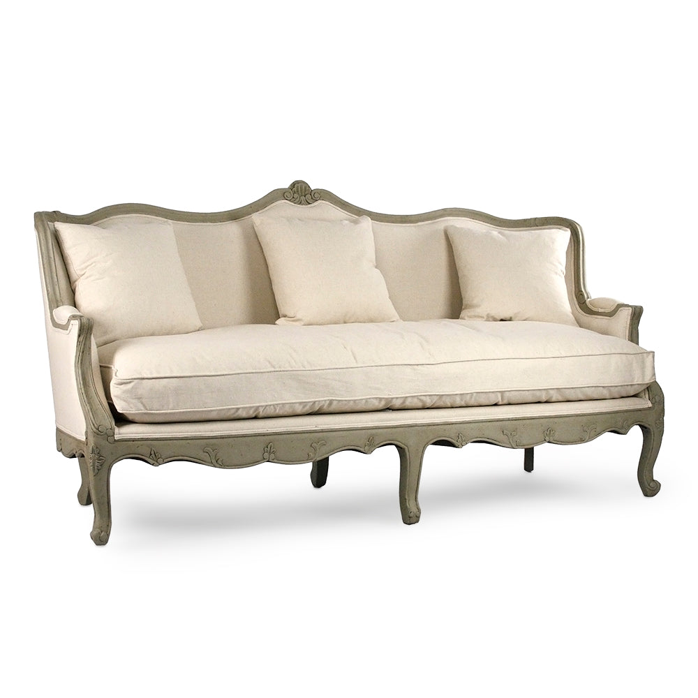 Adele Carved French Cotton Sofa, studio photo 1 of 3 on a white background