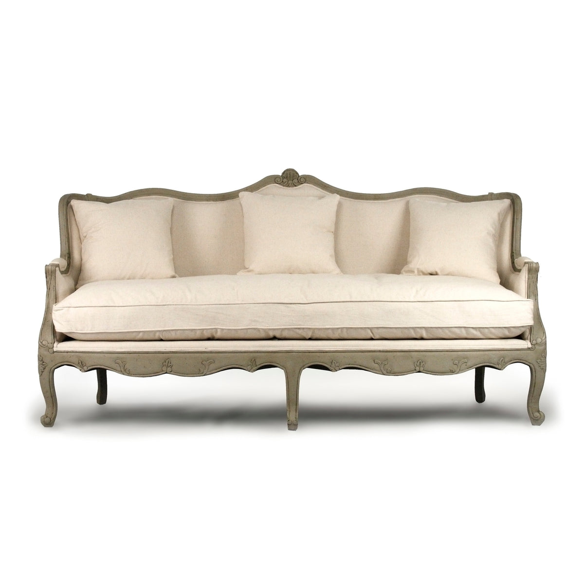 Adele Carved French Cotton Sofa, studio photo 2 of 3 on a white background