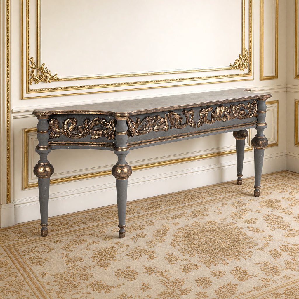 Adrian Neoclassical Carved Birch Console in grey-blue and antique gilt against a gilded Louis XVI boiserie wall on an Aubusson carpet