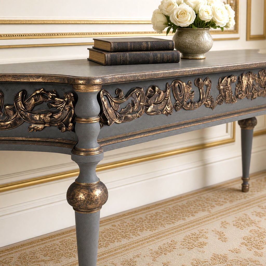 Close view of the gilded acanthus apron and turned leg of the Adrian Neoclassical Carved Birch Console