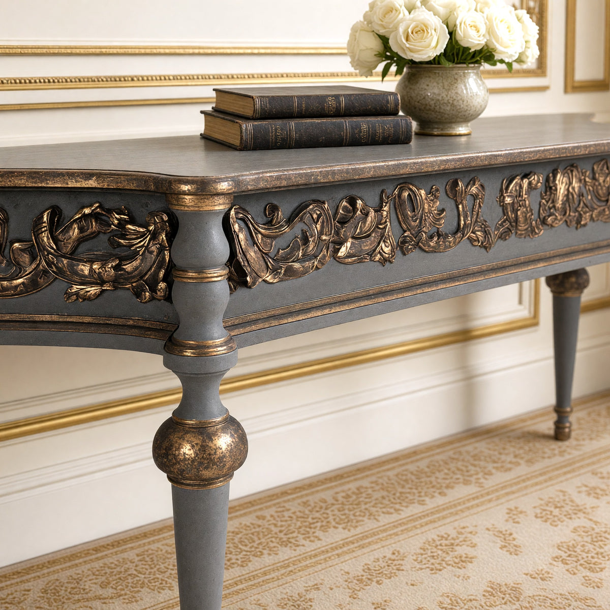 Close view of the gilded acanthus apron and turned leg of the Adrian Neoclassical Carved Birch Console