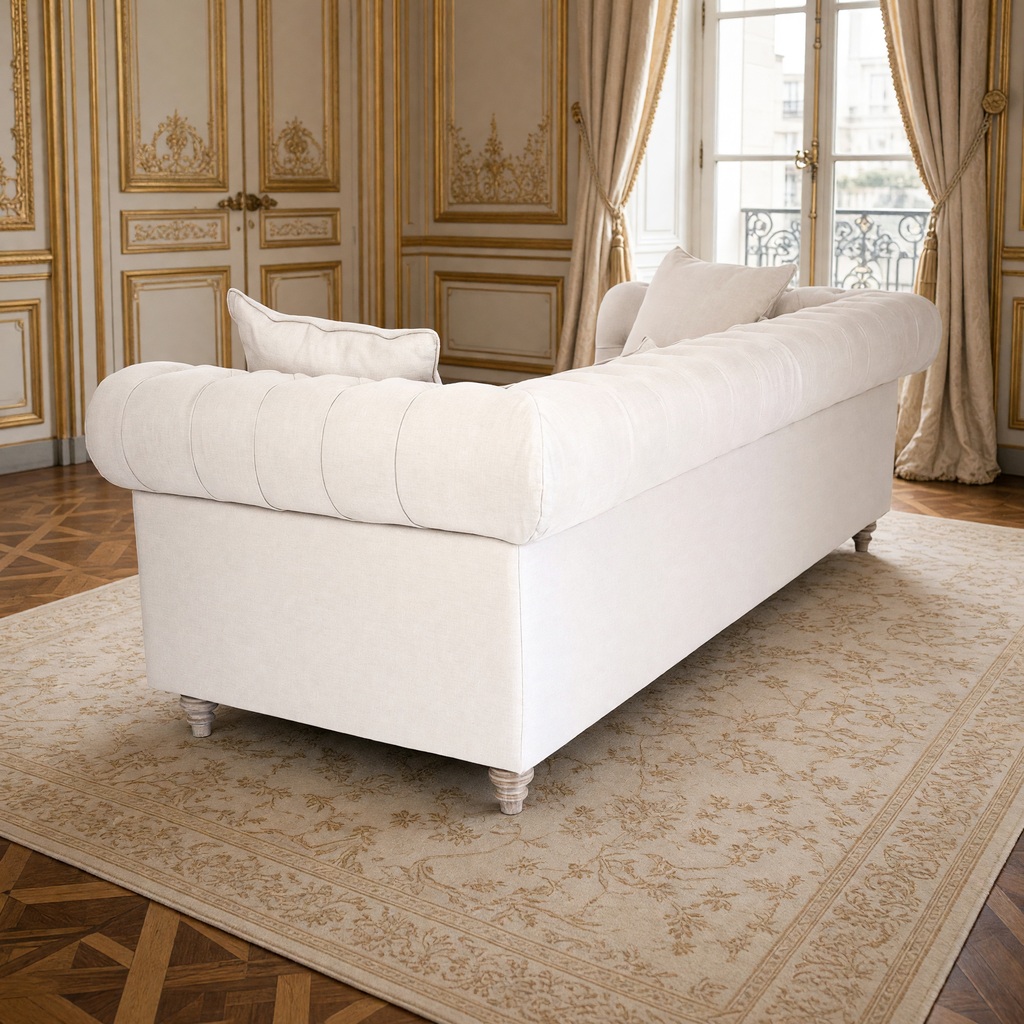 Back view of the Alaine natural linen Chesterfield sofa