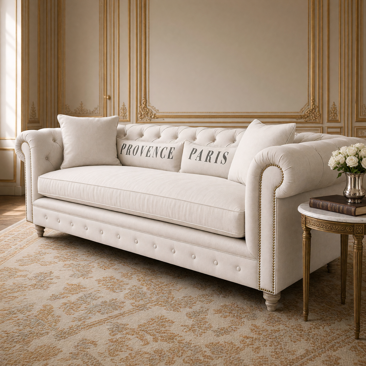Closer view of the Alaine sofa with its tufted back, nailhead arms and printed pillows