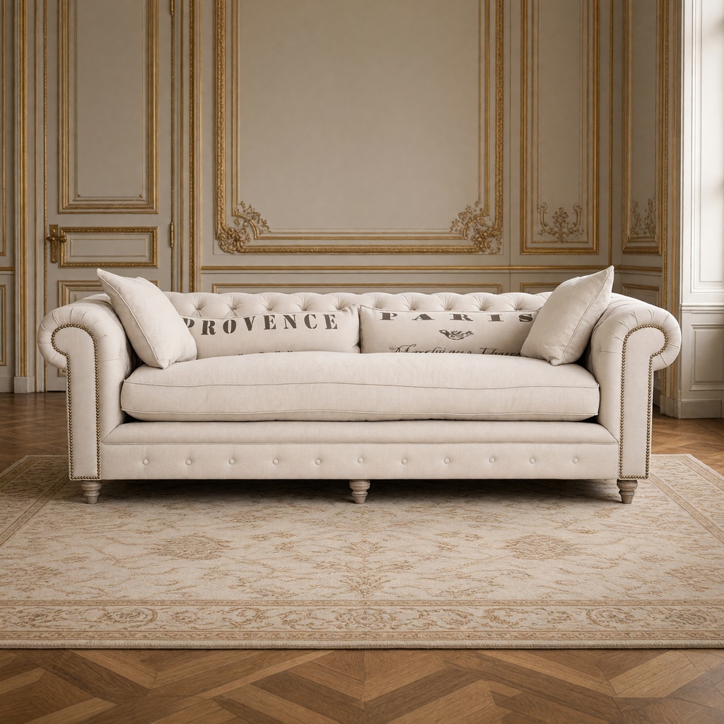 Front view of the Alaine natural linen Chesterfield sofa