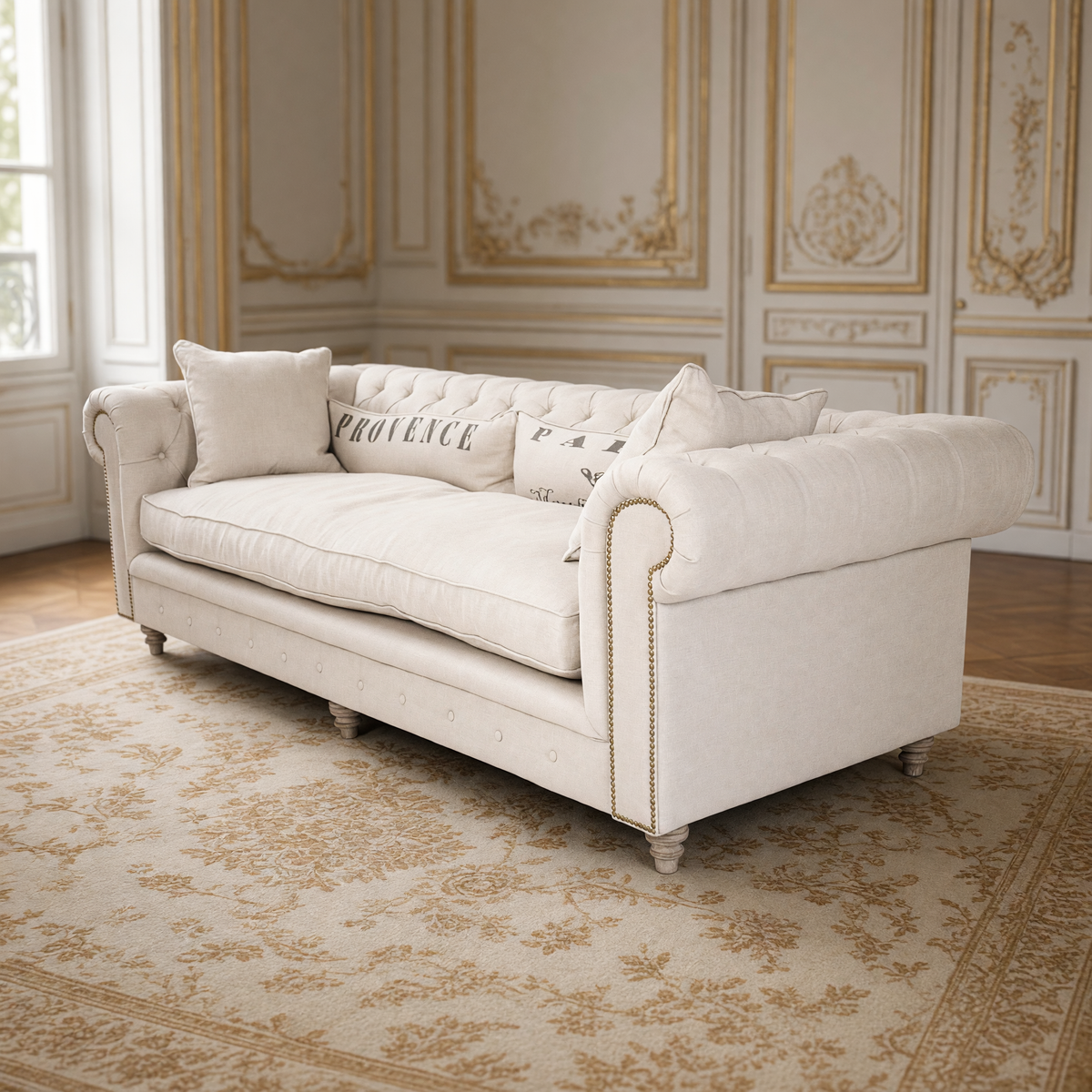 Alaine natural linen Chesterfield sofa in a taupe and gold French boiserie salon