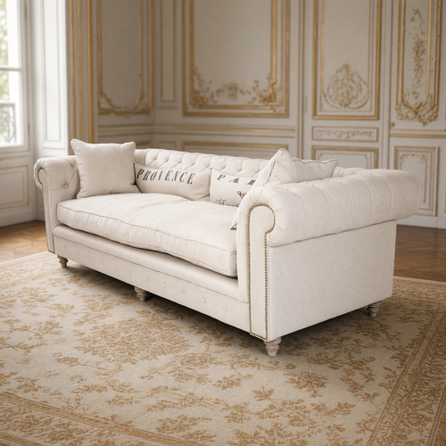 Alaine natural linen Chesterfield sofa in a taupe and gold French boiserie salon