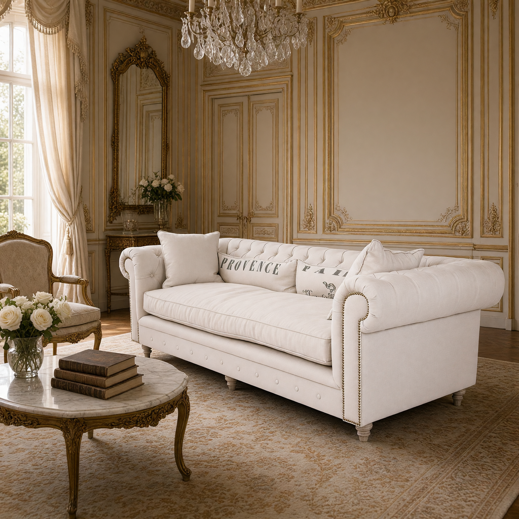 Alaine Chesterfield sofa styled in a Louis XVI salon with a marble table and white roses