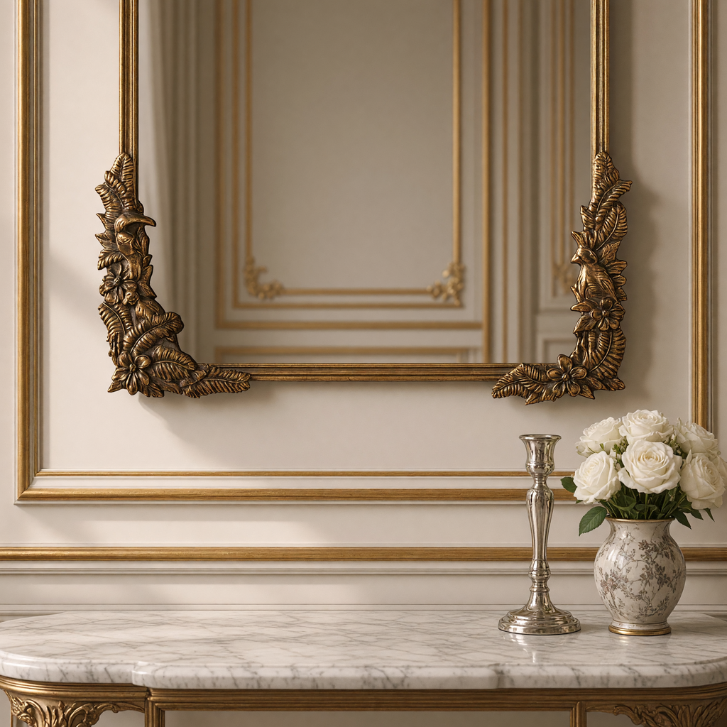 Close view of the floral corner ornaments of the Amelie French aged gold metal arch wall mirror