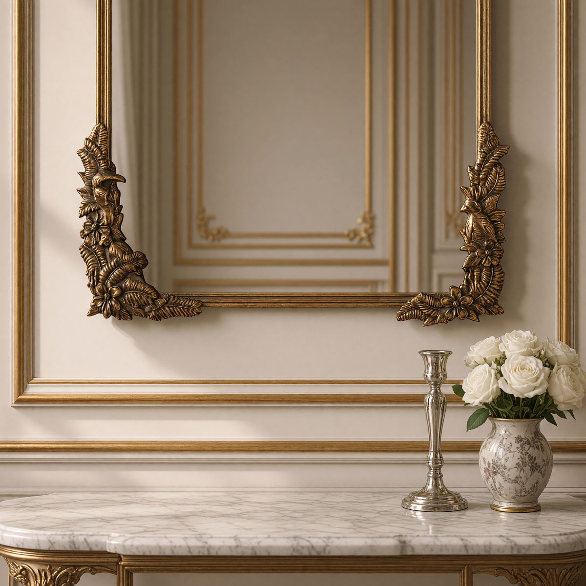 Close view of the floral corner ornaments of the Amelie French aged gold metal arch wall mirror