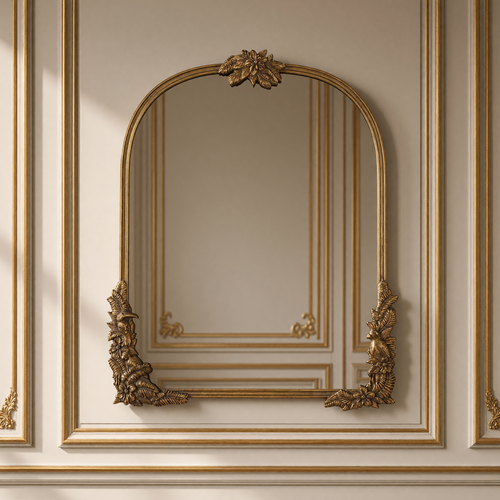 Amelie French aged gold metal arch wall mirror, hanging in a soft greige Louis XVI boiserie salon