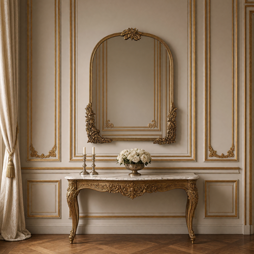 Amelie French aged gold metal arch wall mirror, styled above a marble-top console with candlesticks and white roses