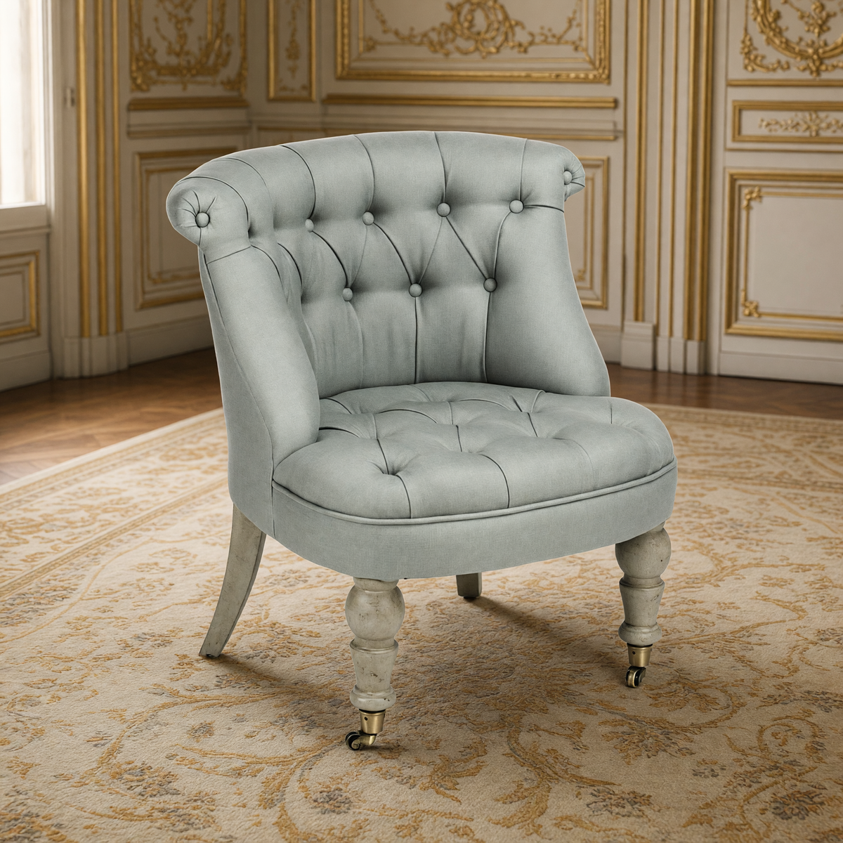 Amelie French tufted linen slipper chair in Sage Linen on turned birch legs with brass casters, in a gilded Louis XVI salon on an antique Aubusson carpet