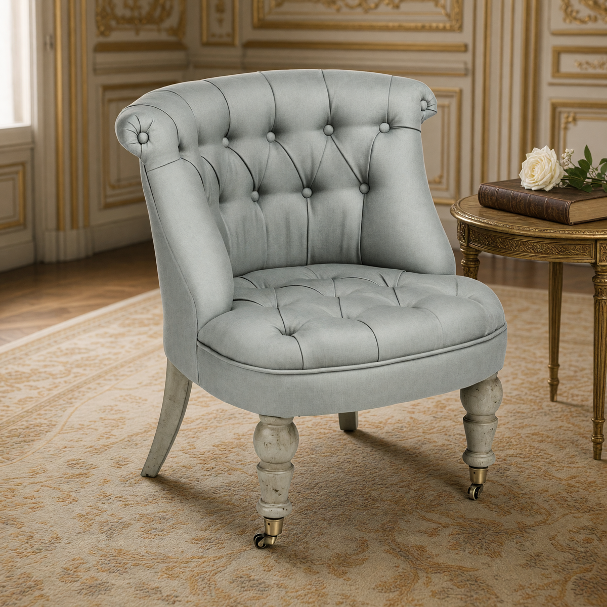 Close view of the Amelie French tufted linen slipper chair in Sage Linen beside a gilded side table