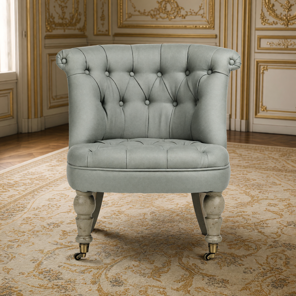 Front view of the Amelie French tufted linen slipper chair in Sage Linen in the same gilded salon