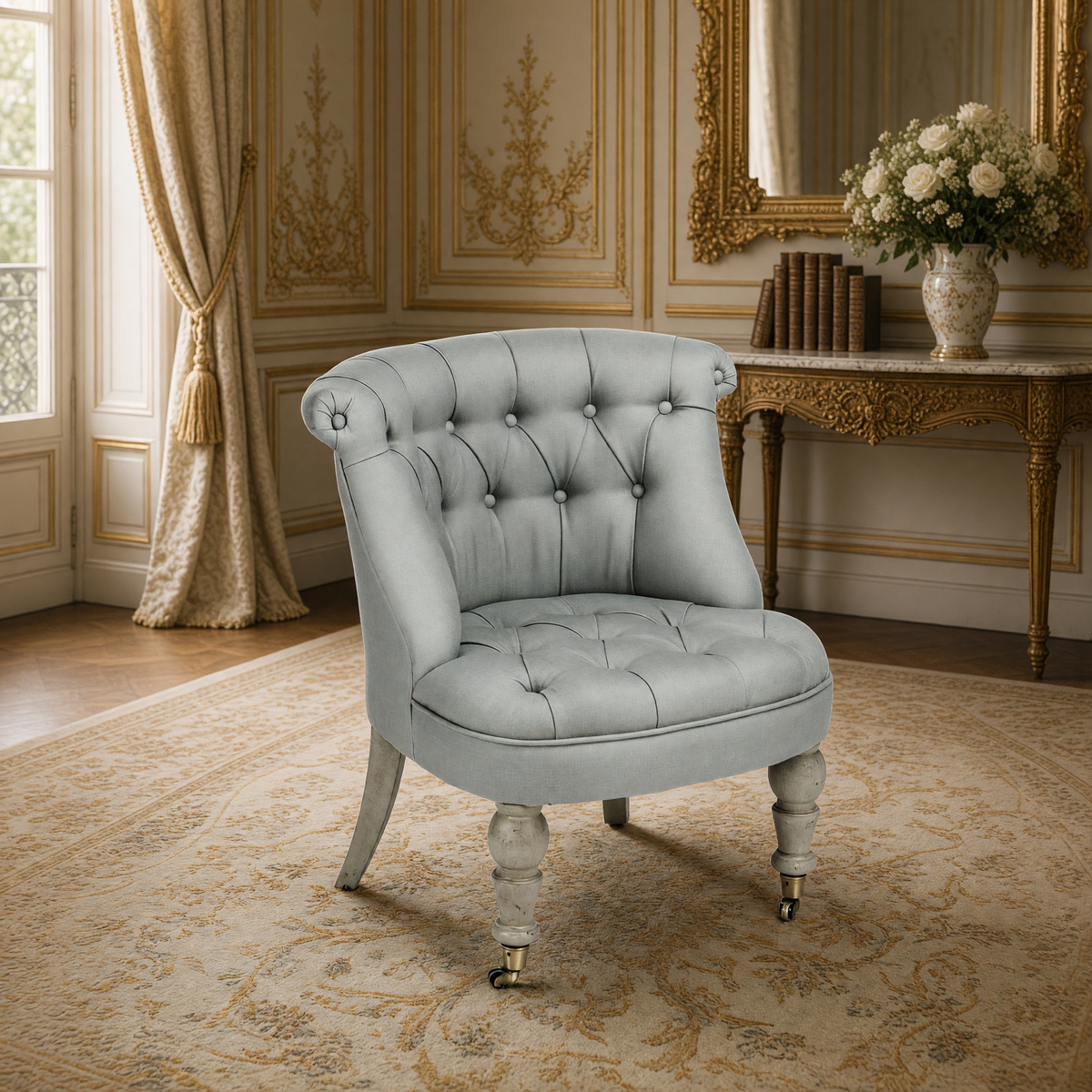 Amelie French tufted linen slipper chair in Sage Linen styled in a French salon with gilded mirror and marble console
