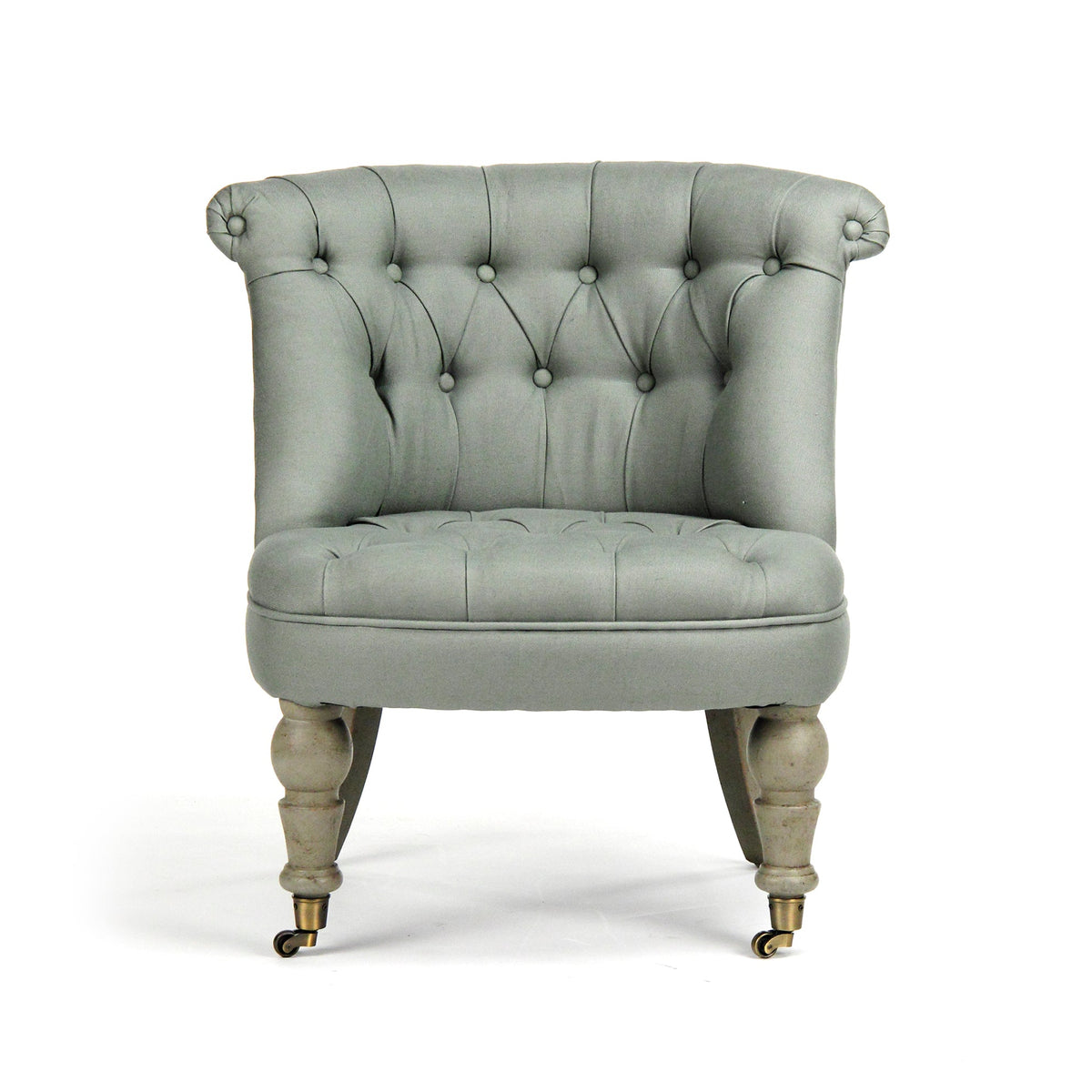 Amelie French Tufted Linen Slipper Chair in Sage Linen, studio photo 2 of 3 on a white background