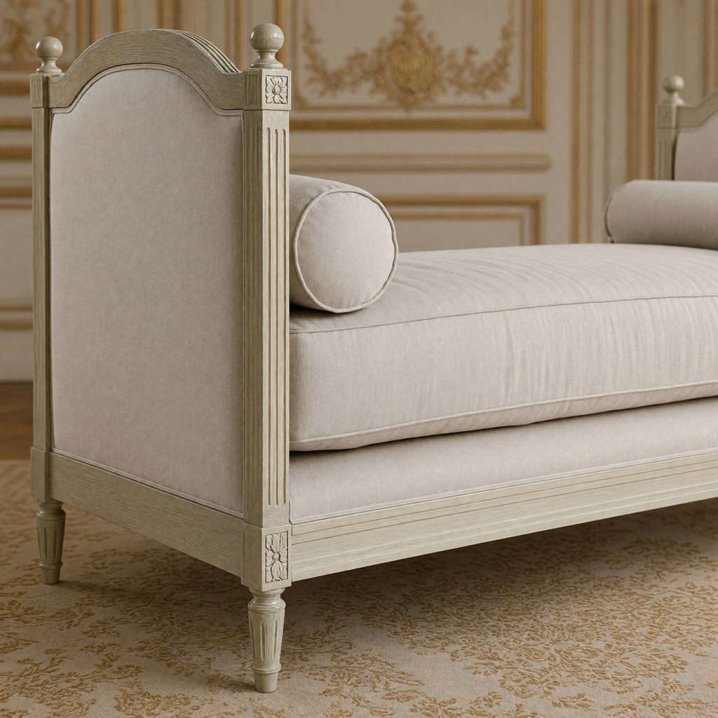 Close view of the arched end, finial, bolster and fluted leg of the Antoinette daybed in Grey Oak