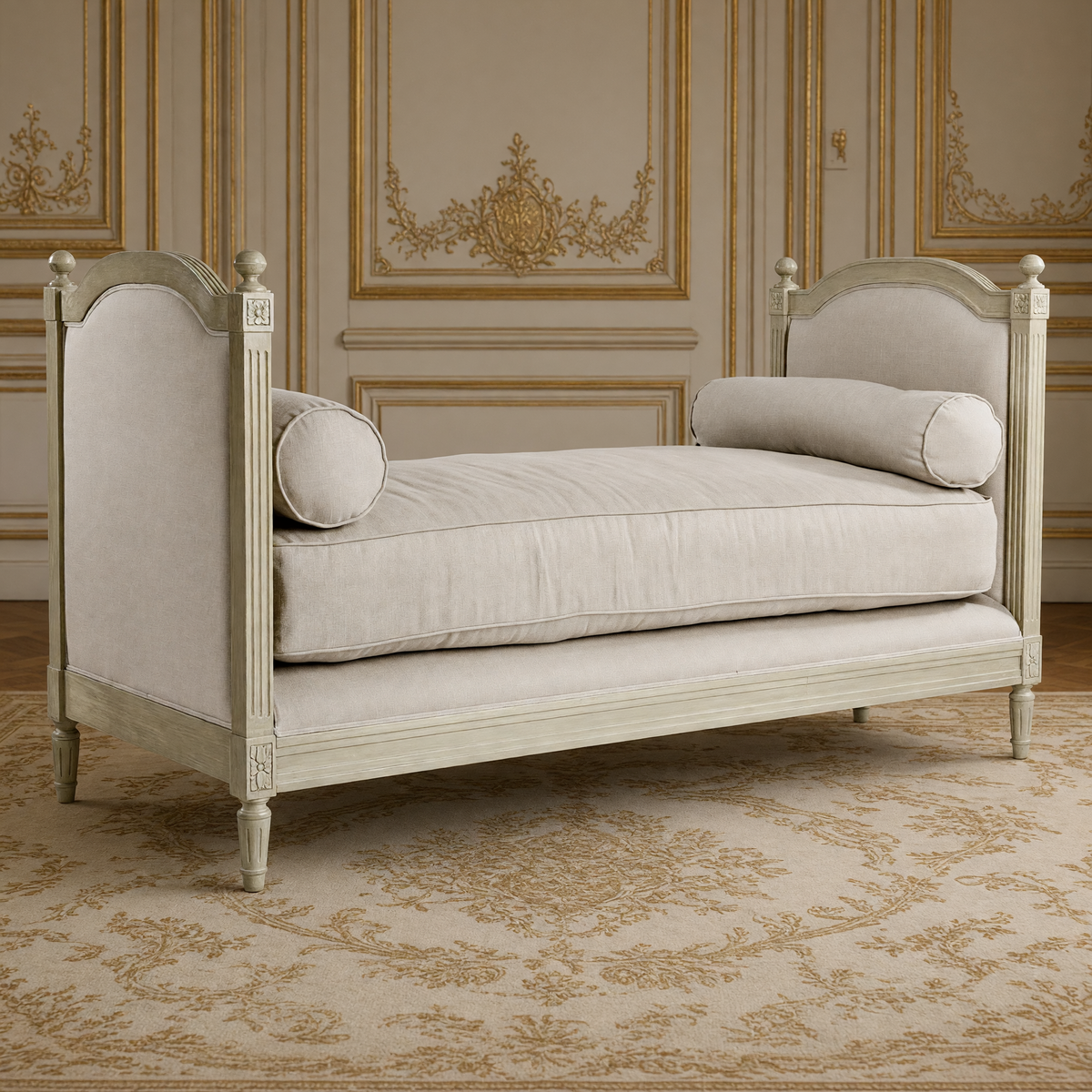 Antoinette natural linen daybed on a grey oak frame in a French boiserie salon
