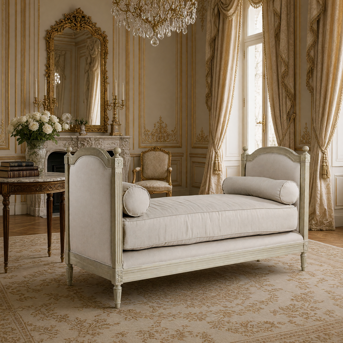 Antoinette daybed in Grey Oak styled in a Louis XVI salon with a gilded mirror and a marble-top table