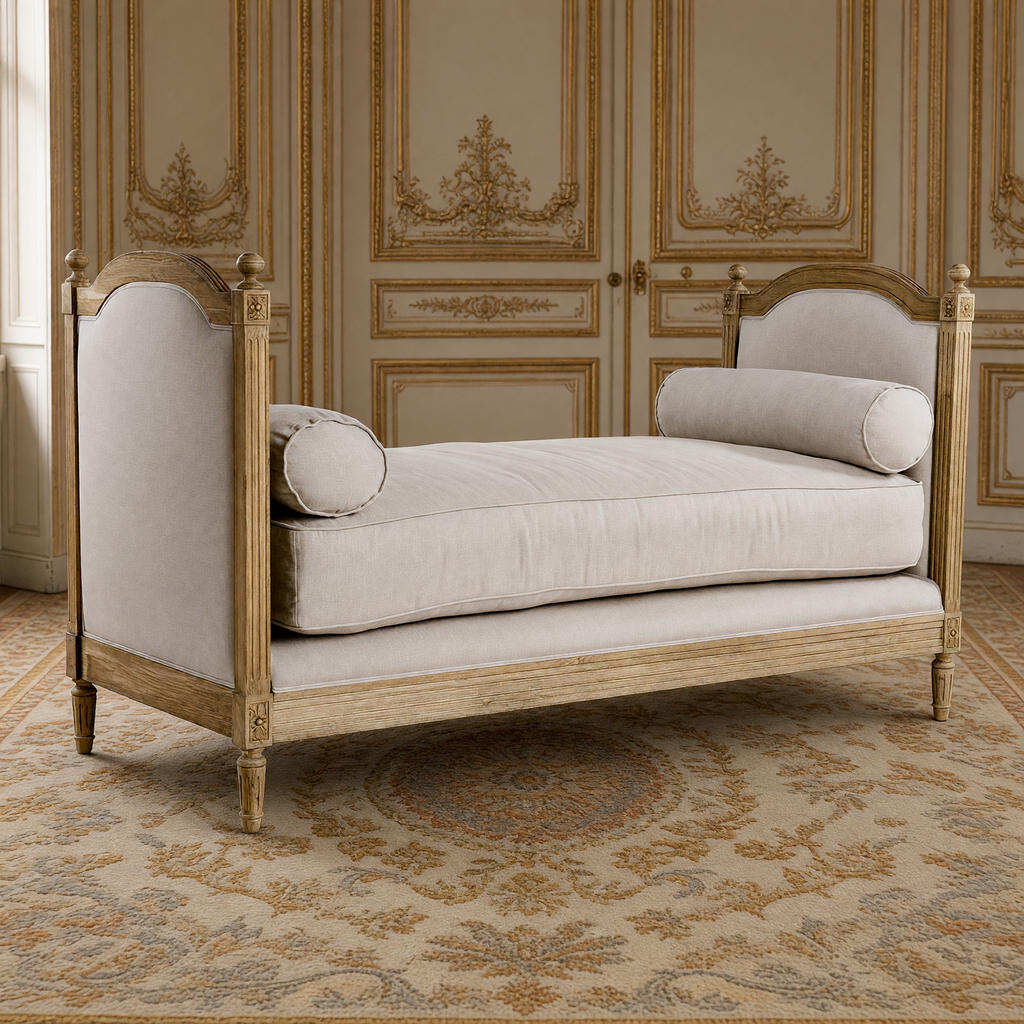 Antoinette natural linen daybed on a natural oak frame on an antique Aubusson carpet in a French boiserie salon