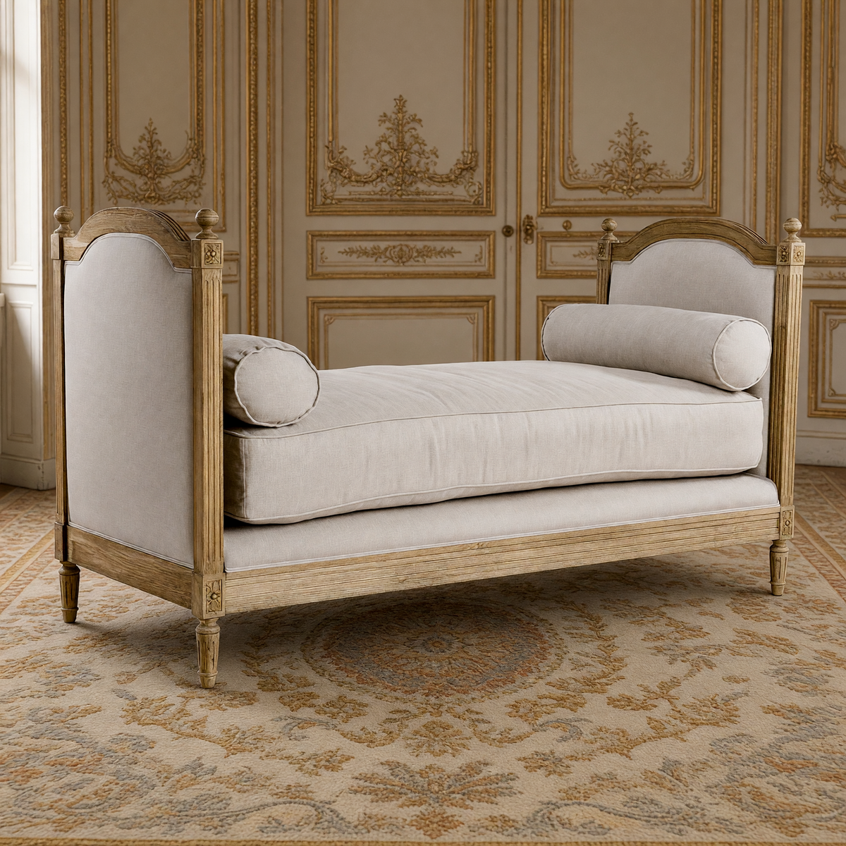 Antoinette natural linen daybed on a natural oak frame on an antique Aubusson carpet in a French boiserie salon