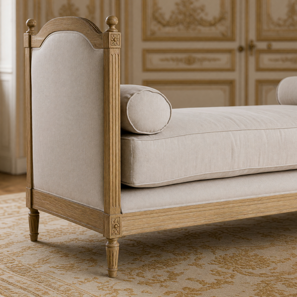 Close view of the arched end, finial, bolster and fluted leg of the Antoinette daybed in Natural Oak