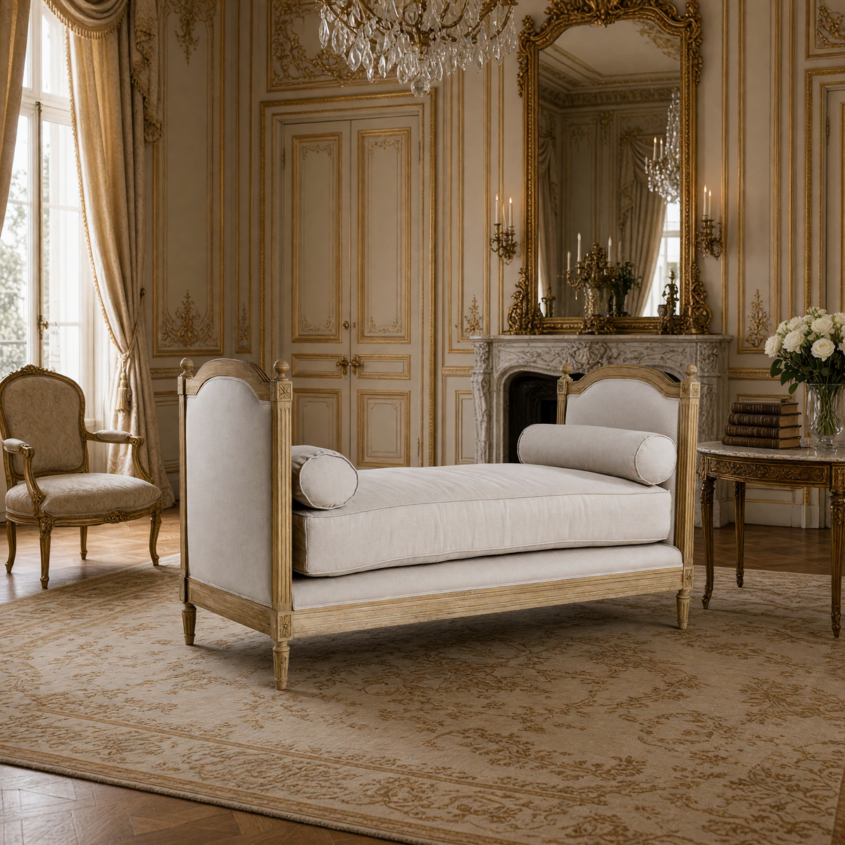 Antoinette daybed in Natural Oak styled in a Louis XVI salon with a gilded mirror and a marble-top table