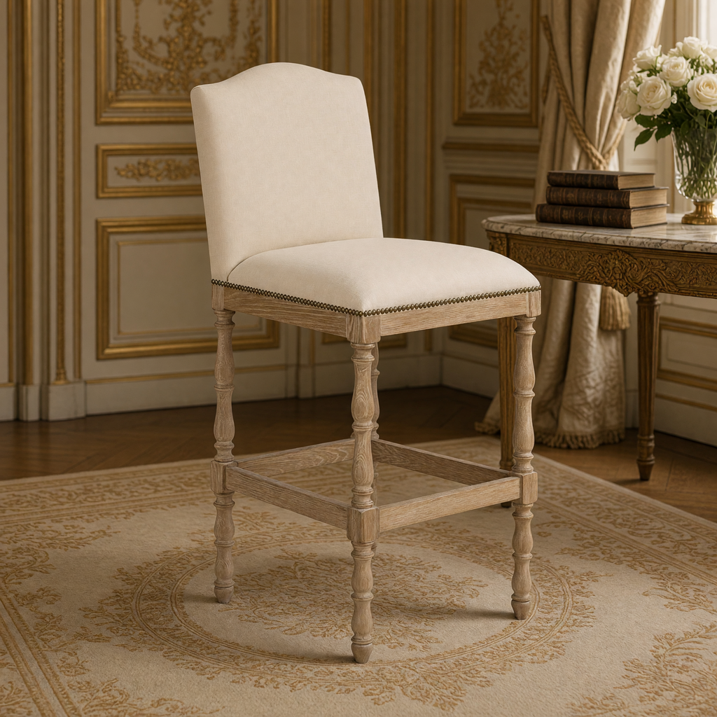 Closer view of the camelback, nailhead trim and turned oak legs of the Aria French Turned Oak Bar Stool in Natural Linen, Recycled Oak
