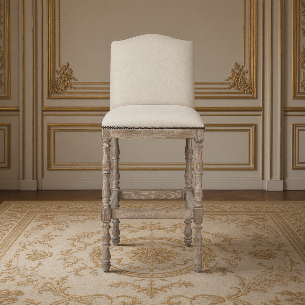 Aria French Turned Oak Bar Stool in Natural Linen, Recycled Oak, front view in a French salon on an Aubusson carpet