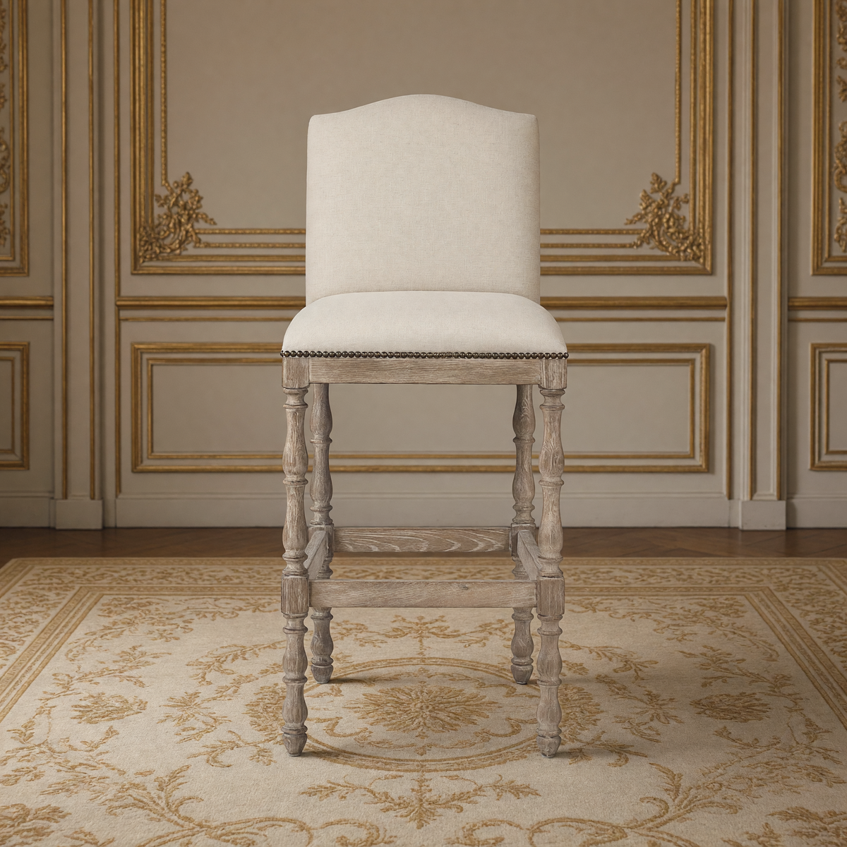 Aria French Turned Oak Bar Stool in Natural Linen, Recycled Oak, front view in a French salon on an Aubusson carpet
